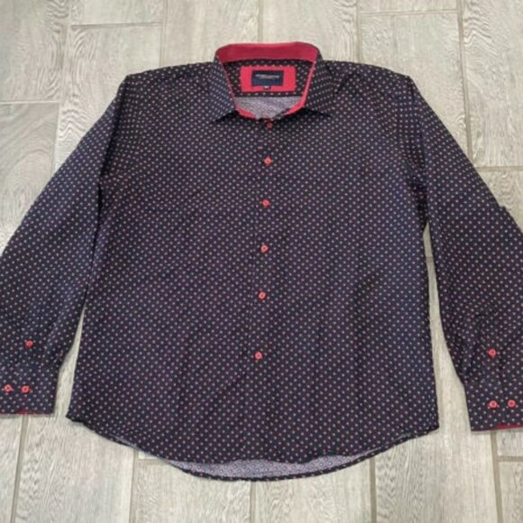 Azaro Uomo Mens XXL Long Sleeve Button Up Shirt Flip Cuff Navy & Red NICE & SOFT - Picture 1 of 9